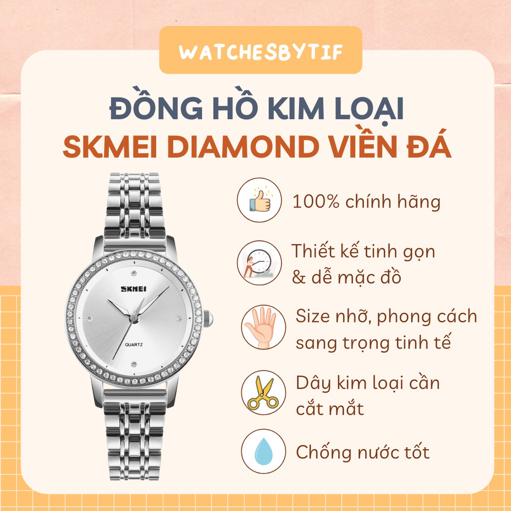 [KÈM VIDEO] Đồng hồ nữ SKMEI WOMEN bạc viền đá 30mm